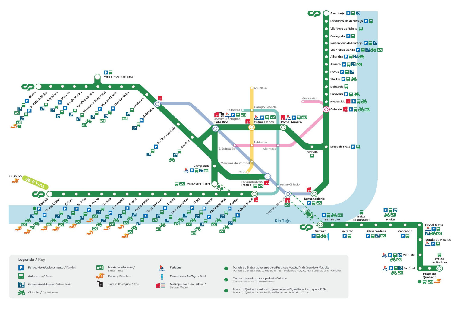 Mapa detalhado das rotas e estações da Transpraia